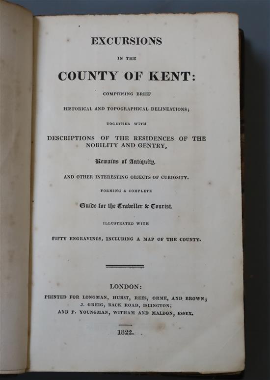 Excursions in the County of Kent, 8vo, rebound half calf, with 50 engravings and 2 folding maps of Kent and